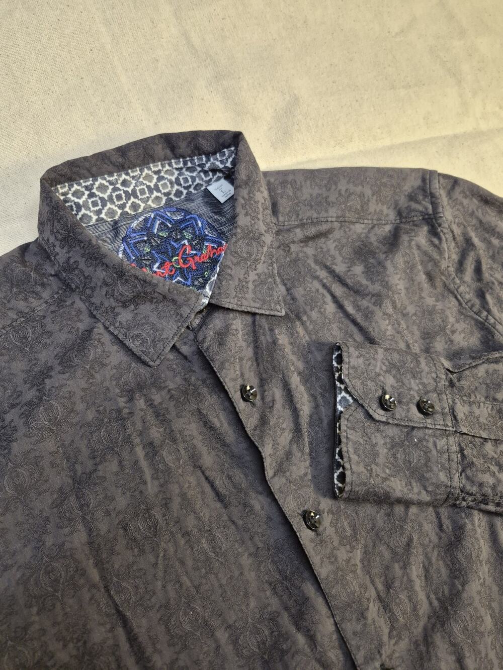 Robert Graham Shirt Mens Large Black Paisley Long Sleeve Button Up Contrast Cuff